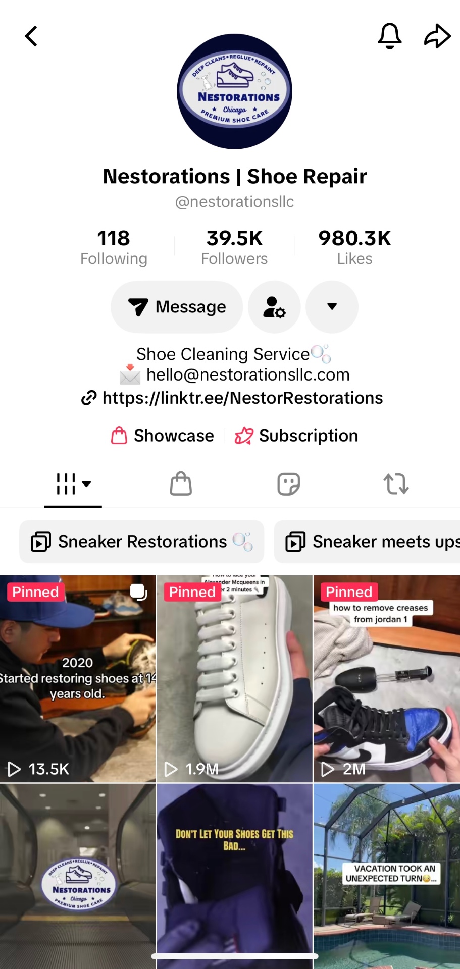 Nestorations TikTok profile showing 39.5K followers and pinned shoe restoration videos